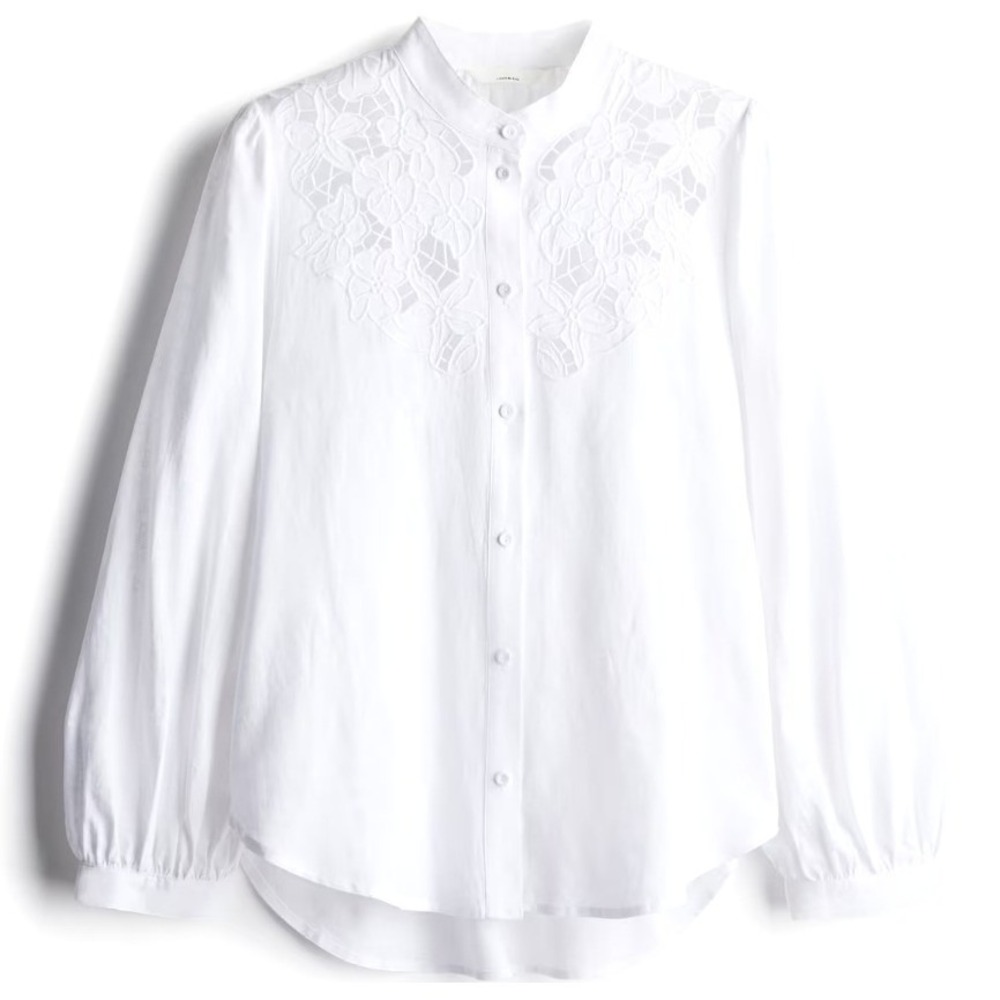 H&M Women's‎ XXL White Linen Blend Floral Eyelet Embroidery Button Up Blouse Top